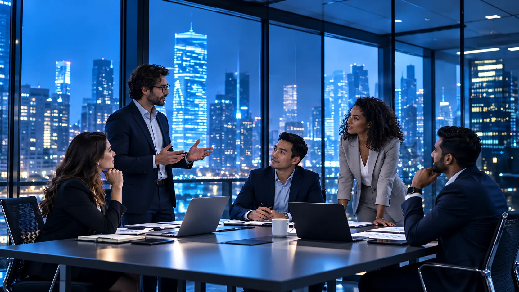 Cybersecurity and compliance professionals collaborating in a modern office